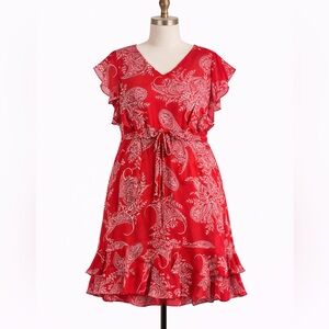 Tommy Hilfiger Paisley Print Fit & Flare Flutter Sleeve Dress Red White 22W NWT